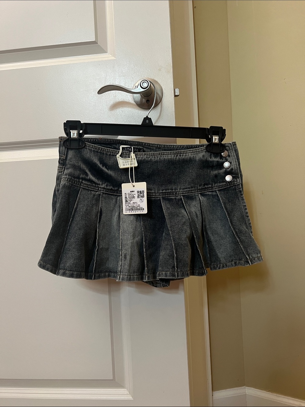 Pleated Dark Wash Denim Mini Skort with Button Detail